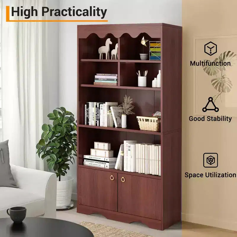 5 Tier Bookcase with Cabinet, 63 Tall Freestanding Bookshelf, Modern Free Standing Wood Bookcase, Open Display Storage Book Shelf, White