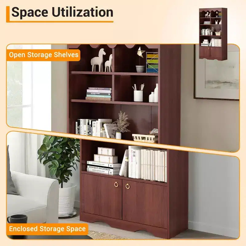 5 Tier Bookcase with Cabinet, 63 Tall Freestanding Bookshelf, Modern Free Standing Wood Bookcase, Open Display Storage Book Shelf, White