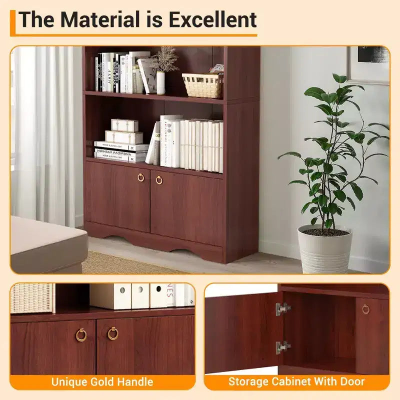 5 Tier Bookcase with Cabinet, 63 Tall Freestanding Bookshelf, Modern Free Standing Wood Bookcase, Open Display Storage Book Shelf, White