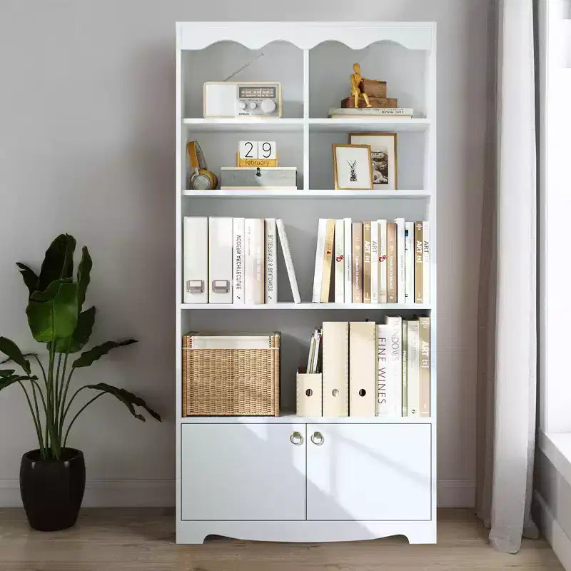 5-Tier Bookcase with Cabinet, 63" Tall Freestanding Bookshelf, Modern Free-Standing Wood Bookcase, Open Display Storage Bookshelf, White