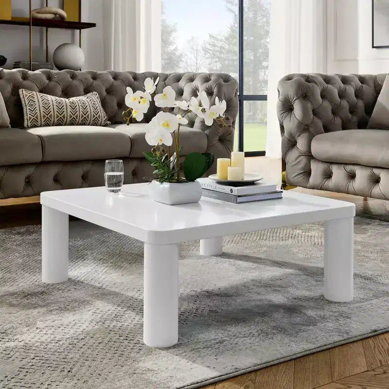 Modern Square Coffee Table with Rounded Corners, MDF Cream White Coffee Table, Easy to Assemble Living Room Center Table,Sturdy Sofa Table for Home