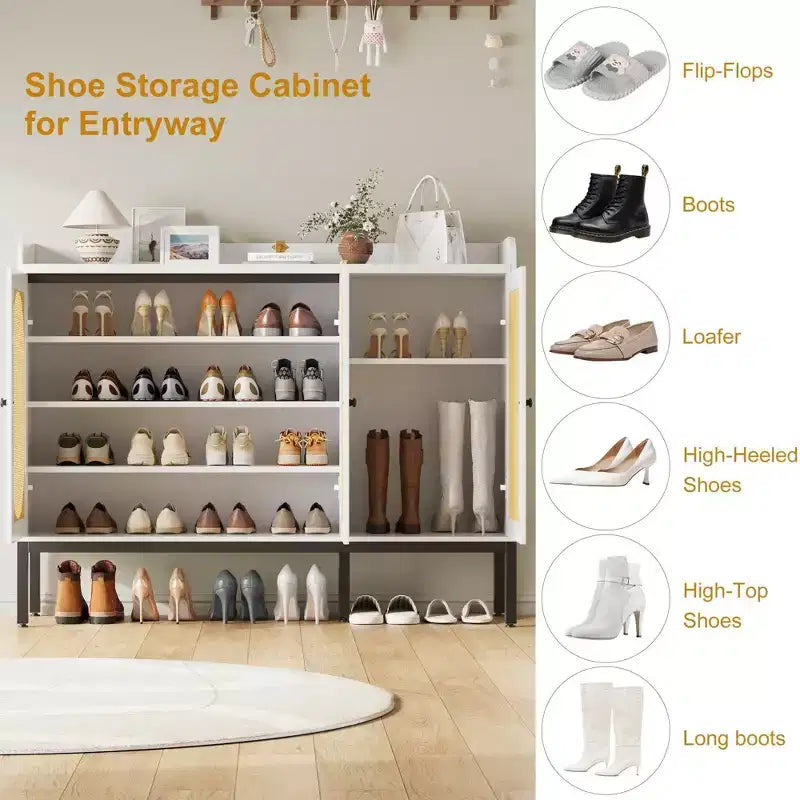 Coolmee Shoe Cabinet with 3 Rattan Doors, 7-Tier Freestanding Shoe Storage Organizer with Adjustable Shelves for Entryway, Hallway, Living Room