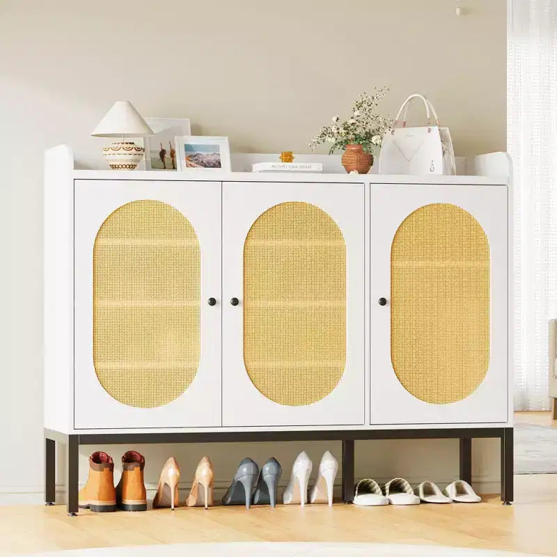 Coolmee Shoe Cabinet with 3 Rattan Doors, 7-Tier Freestanding Shoe Storage Organizer with Adjustable Shelves for Entryway, Hallway, Living Room