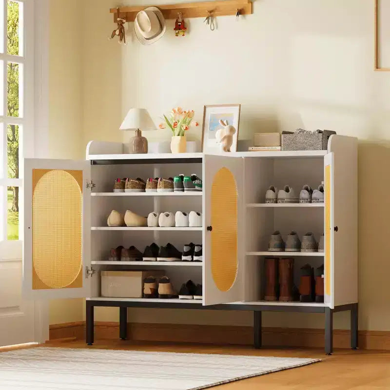 Coolmee Shoe Cabinet with 3 Rattan Doors, 7-Tier Freestanding Shoe Storage Organizer with Adjustable Shelves for Entryway, Hallway, Living Room