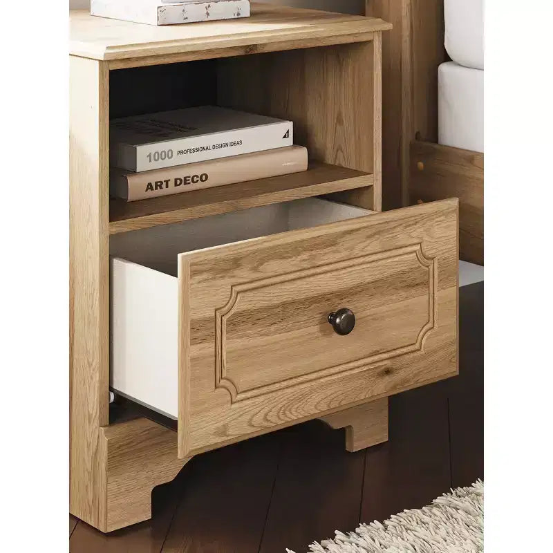 Signature Design by Ashley Bestmere One Drawer Nightstand - Warm Brown Oak Grain Finish, USB-A & USB-C Charging, Open Shelf Storage