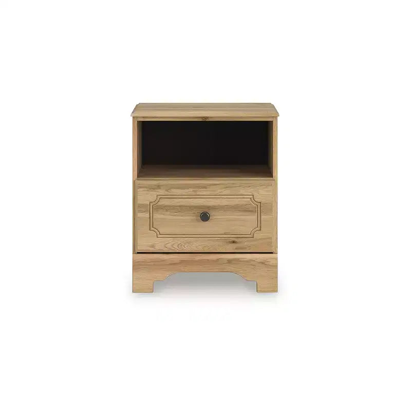Signature Design by Ashley Bestmere One Drawer Nightstand - Warm Brown Oak Grain Finish, USB-A & USB-C Charging, Open Shelf Storage