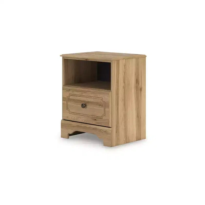 Signature Design by Ashley Bestmere One Drawer Nightstand - Warm Brown Oak Grain Finish, USB-A & USB-C Charging, Open Shelf Storage