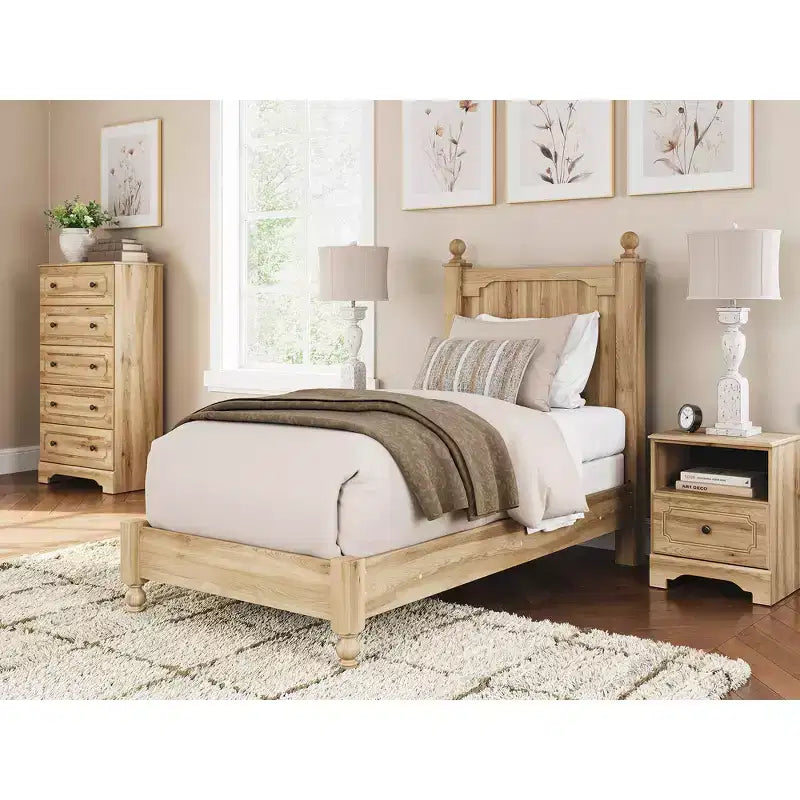 Signature Design by Ashley Bestmere One Drawer Nightstand - Warm Brown Oak Grain Finish, USB-A & USB-C Charging, Open Shelf Storage