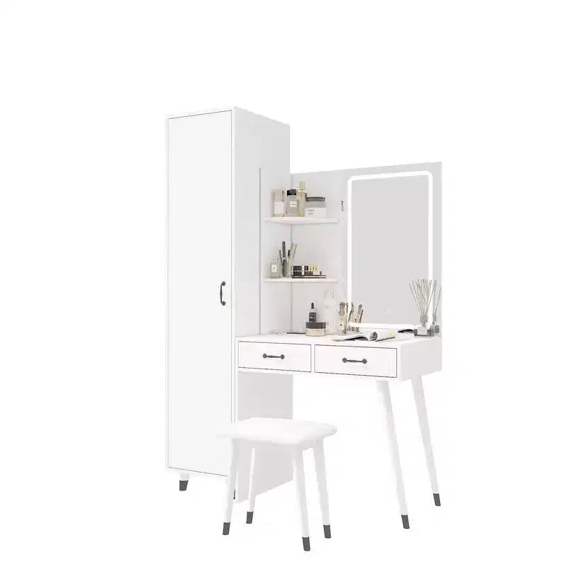 Karl Home White Makeup Vanity Table and Slim Armoire Wardrobe Set