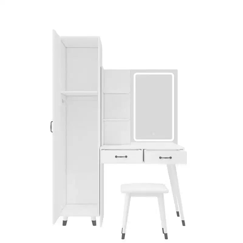 Karl Home White Makeup Vanity Table and Slim Armoire Wardrobe Set