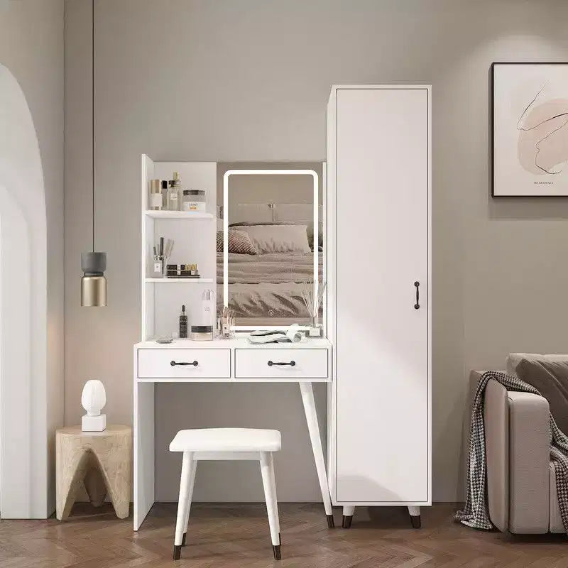Karl Home White Makeup Vanity Table and Slim Armoire Wardrobe Set