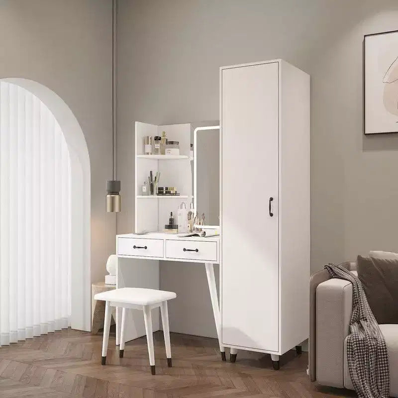 Karl Home White Makeup Vanity Table and Slim Armoire Wardrobe Set