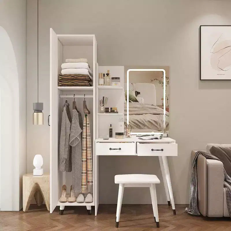 Karl Home White Makeup Vanity Table and Slim Armoire Wardrobe Set