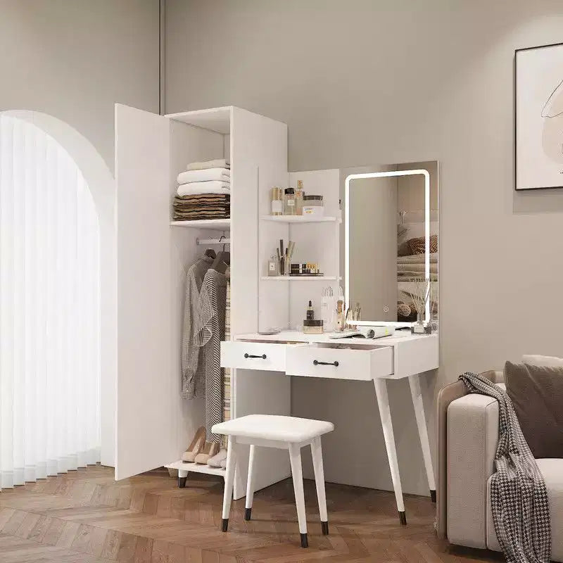 Karl Home White Makeup Vanity Table and Slim Armoire Wardrobe Set
