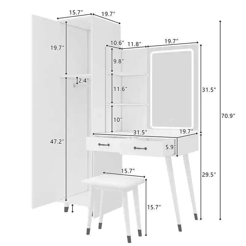 Karl Home White Makeup Vanity Table and Slim Armoire Wardrobe Set