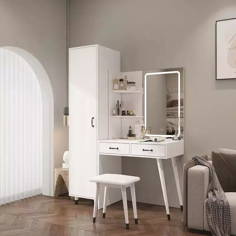 Karl Home White Makeup Vanity Table and Slim Armoire Wardrobe Set