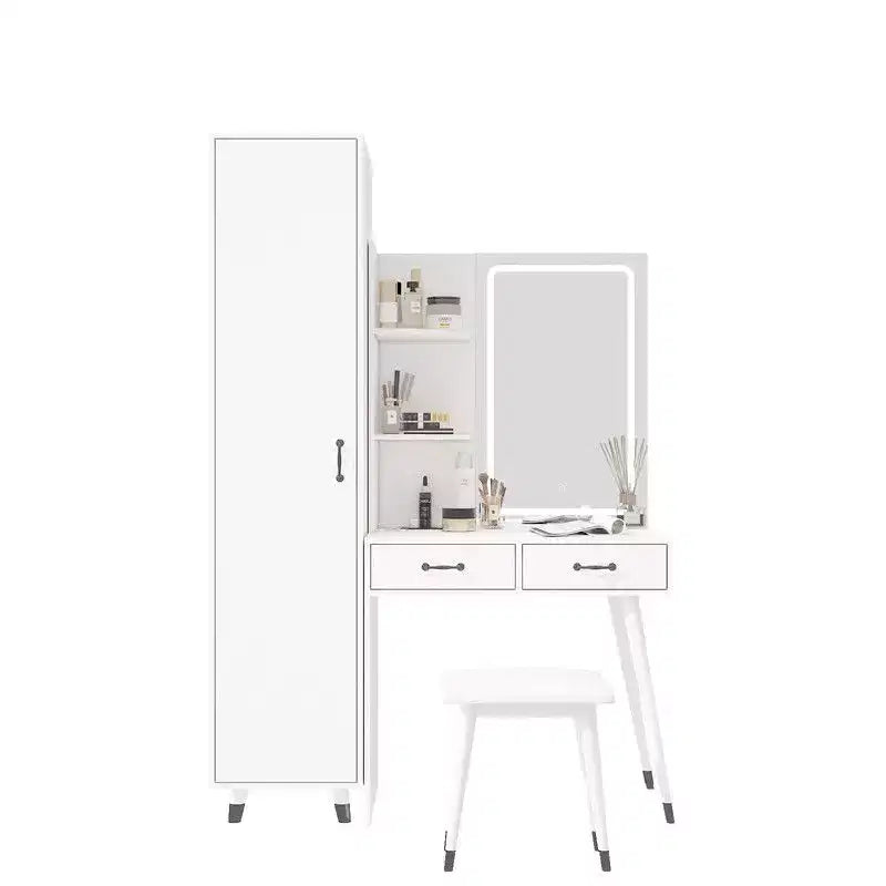 Karl Home White Makeup Vanity Table and Slim Armoire Wardrobe Set
