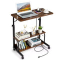 Rolling & Height Adjustable P2 15MM PB Wood& Steel Computer Desk Laptop Side Table End Table with with Charging Station, 2 USB Ports and Outlets-Brown