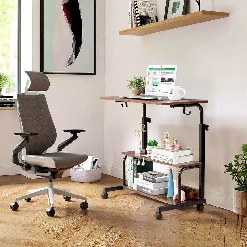 Rolling & Height Adjustable P2 15MM PB Wood& Steel Computer Desk Laptop Side Table End Table with with Charging Station, 2 USB Ports and Outlets-Brown