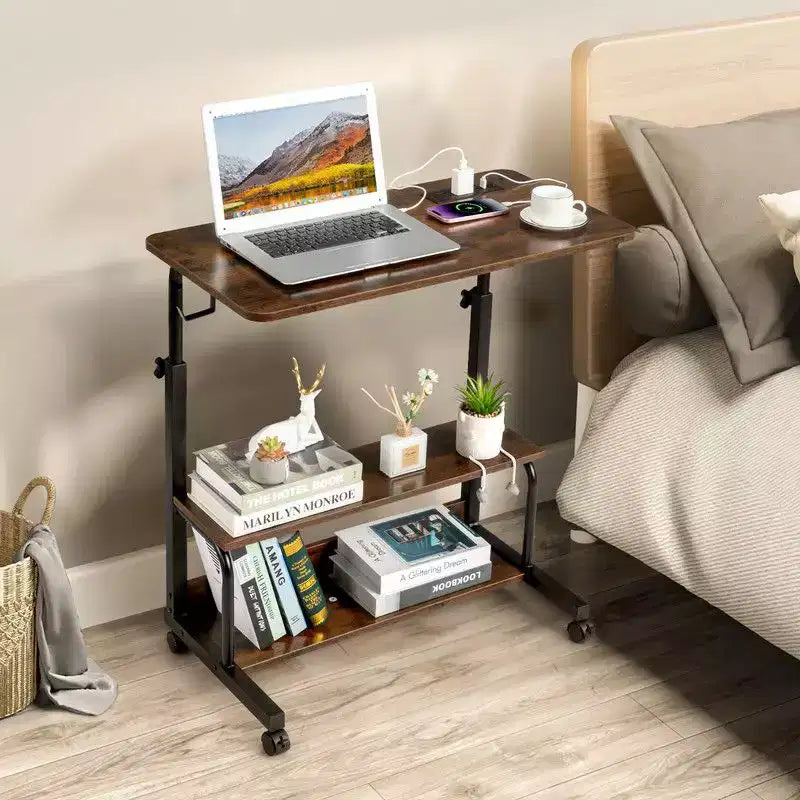 Rolling & Height Adjustable P2 15MM PB Wood& Steel Computer Desk Laptop Side Table End Table with with Charging Station, 2 USB Ports and Outlets-Brown