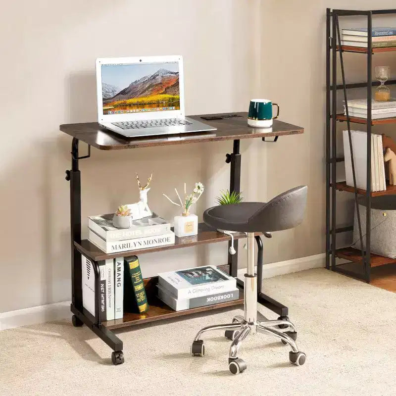 Rolling & Height Adjustable P2 15MM PB Wood& Steel Computer Desk Laptop Side Table End Table with with Charging Station, 2 USB Ports and Outlets-Brown