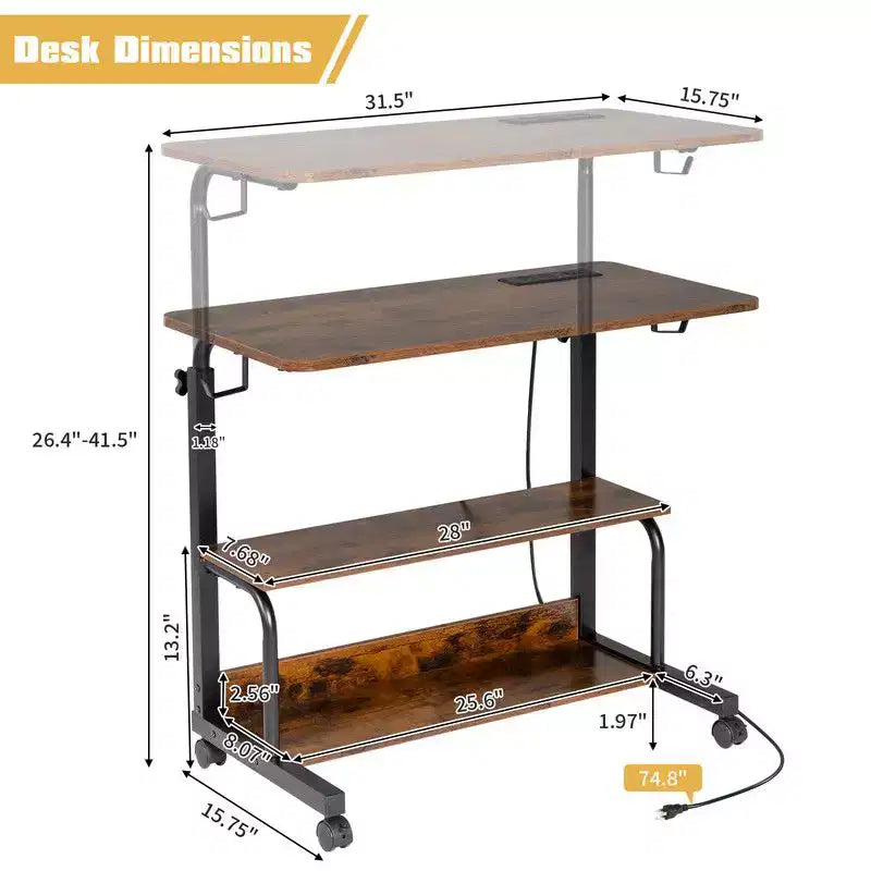 Rolling & Height Adjustable P2 15MM PB Wood& Steel Computer Desk Laptop Side Table End Table with with Charging Station, 2 USB Ports and Outlets-Brown