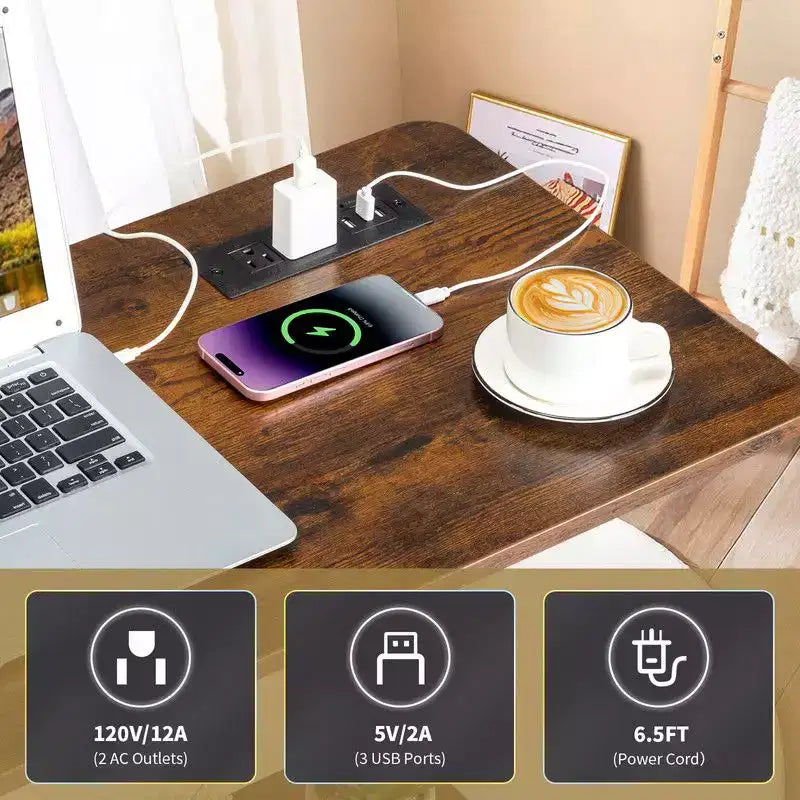 Rolling & Height Adjustable P2 15MM PB Wood& Steel Computer Desk Laptop Side Table End Table with with Charging Station, 2 USB Ports and Outlets-Brown