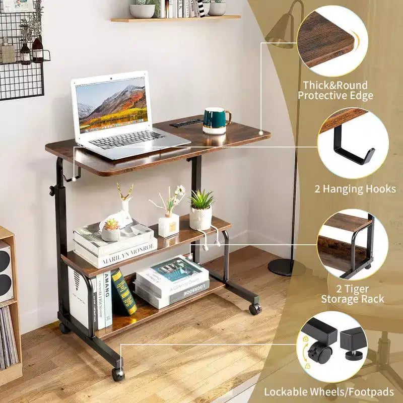 Rolling & Height Adjustable P2 15MM PB Wood& Steel Computer Desk Laptop Side Table End Table with with Charging Station, 2 USB Ports and Outlets-Brown