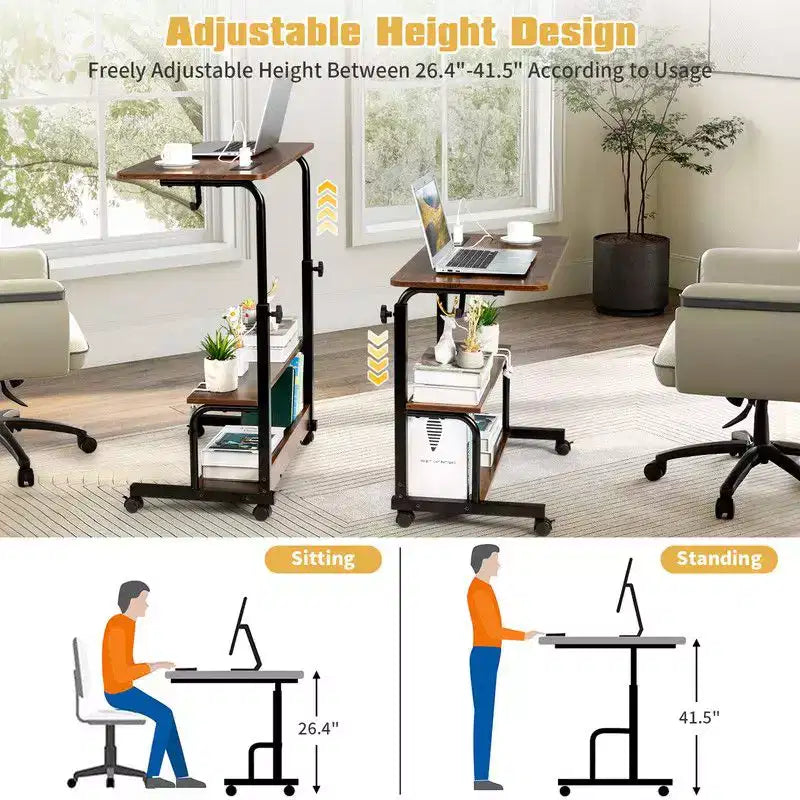 Rolling & Height Adjustable P2 15MM PB Wood& Steel Computer Desk Laptop Side Table End Table with with Charging Station, 2 USB Ports and Outlets-Brown