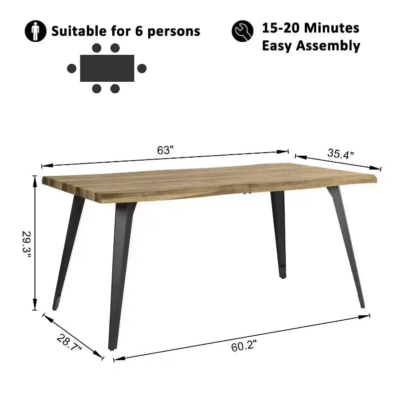 Homy Casa 63 Rectangular Dining Table for 6, Modern Wood Look Table with Black Metal Legs