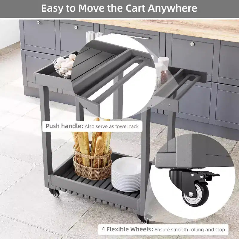 Utility Service Cart with Wheels and Lipped Shelves, 2-Shelf Outdoor Prep Cart for Home, Office, Patio Grilling, Backyard BBQ, 500lbs Capacity