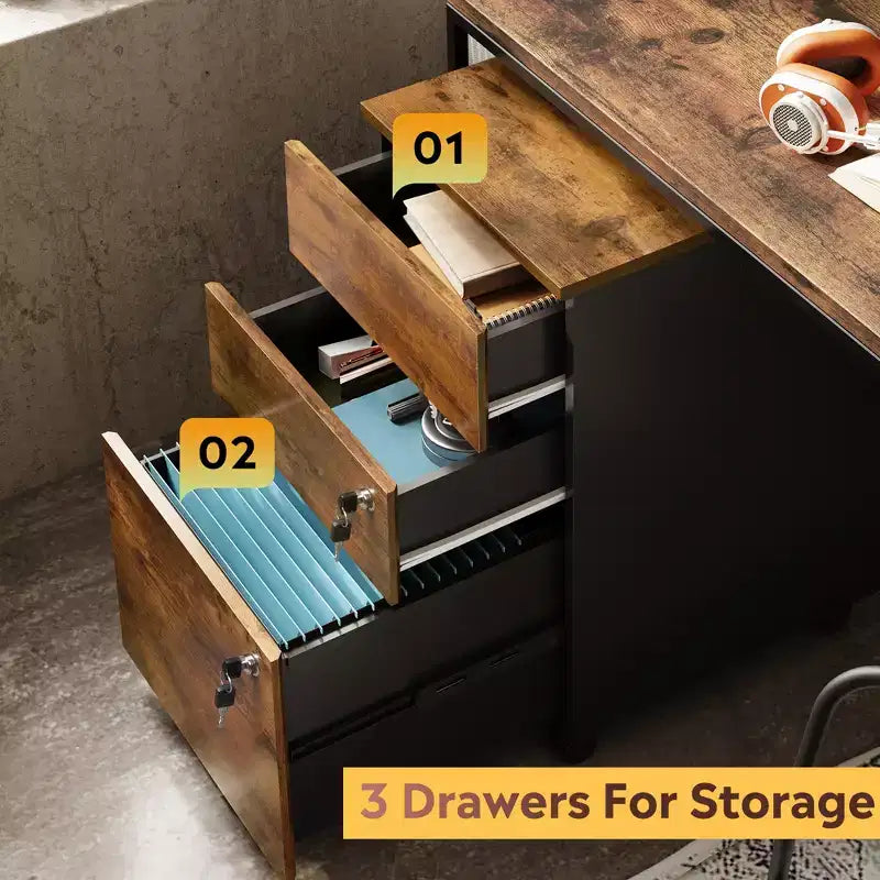 DEXYLLO 3-Drawer Rolling File Cabinet with Lock, Wood Under Desk Filing Cabinet for Home Office, Fits Letter/Legal/A4 Size