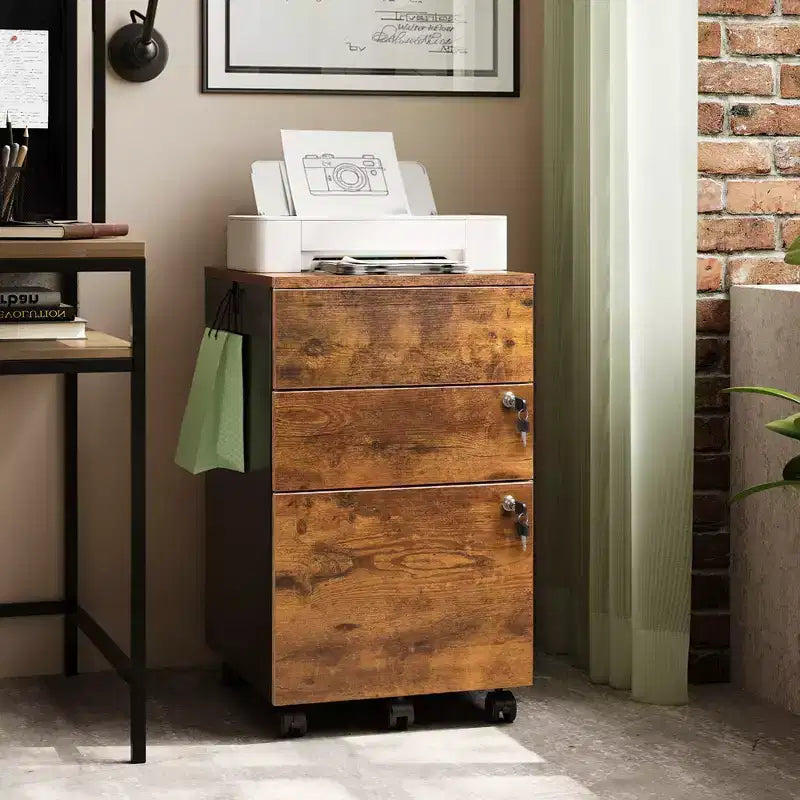 DEXYLLO 3-Drawer Rolling File Cabinet with Lock, Wood Under Desk Filing Cabinet for Home Office, Fits Letter/Legal/A4 Size