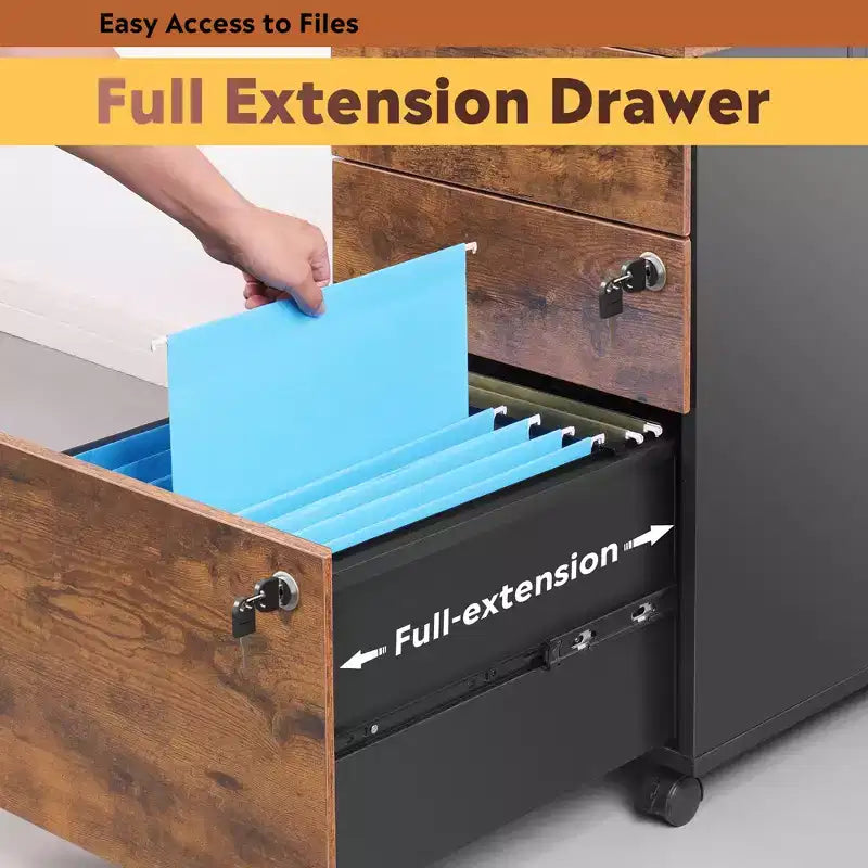 DEXYLLO 3-Drawer Rolling File Cabinet with Lock, Wood Under Desk Filing Cabinet for Home Office, Fits Letter/Legal/A4 Size
