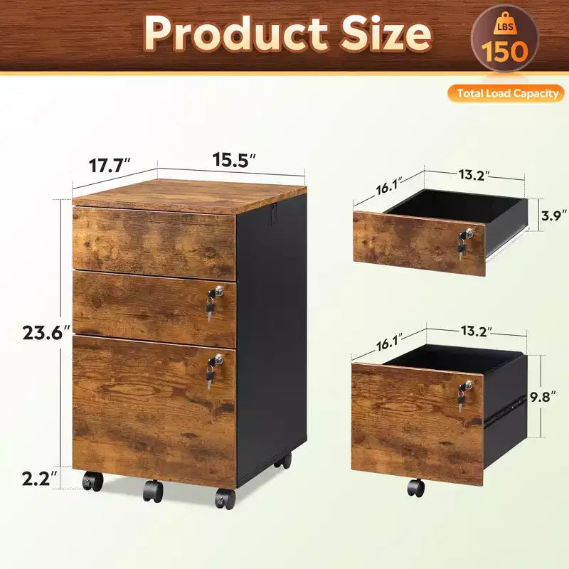 DEXYLLO 3-Drawer Rolling File Cabinet with Lock, Wood Under Desk Filing Cabinet for Home Office, Fits Letter/Legal/A4 Size