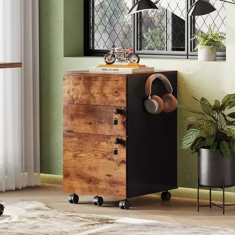 DEXYLLO 3-Drawer Rolling File Cabinet with Lock, Wood Under Desk Filing Cabinet for Home Office, Fits Letter/Legal/A4 Size