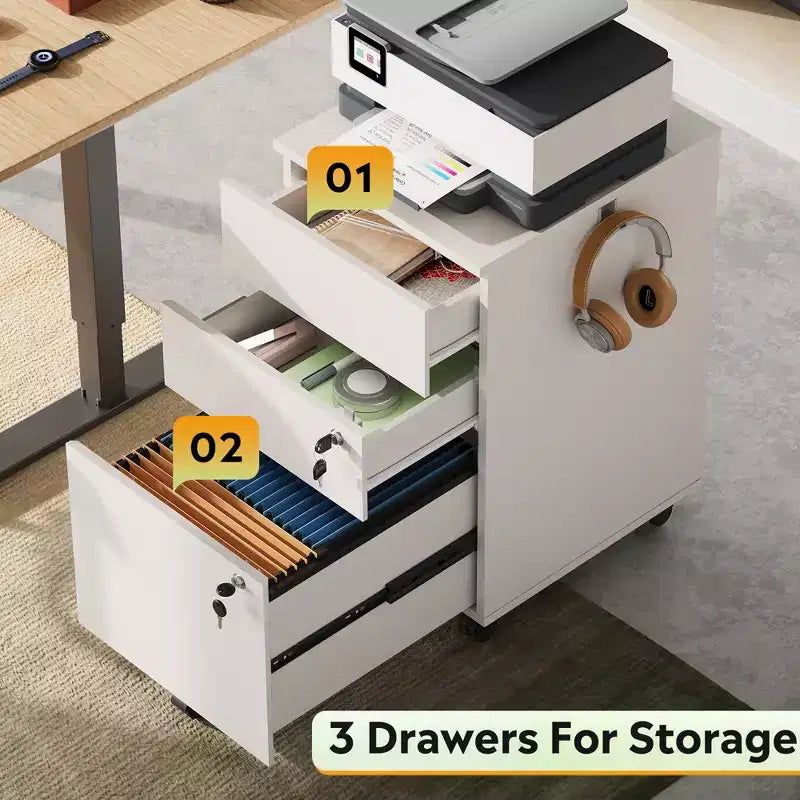 DEXYLLO 3-Drawer Rolling File Cabinet with Lock, Wood Under Desk Filing Cabinet for Home Office, Fits Letter/Legal/A4 Size