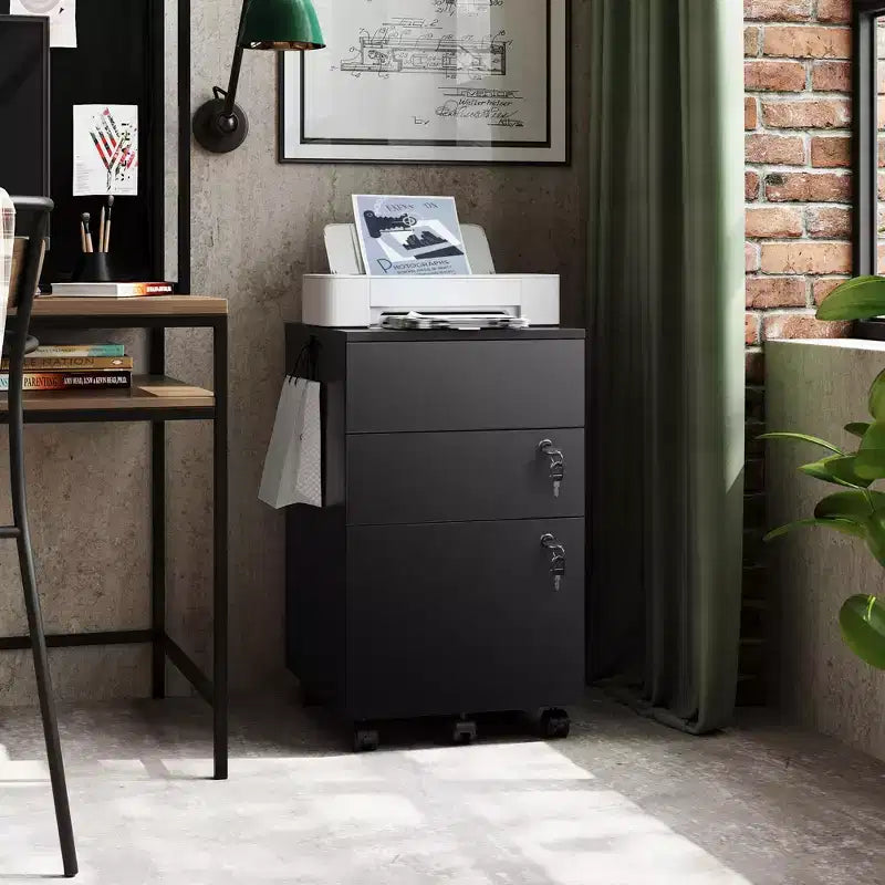 DEXYLLO 3-Drawer Rolling File Cabinet with Lock, Wood Under Desk Filing Cabinet for Home Office, Fits Letter/Legal/A4 Size