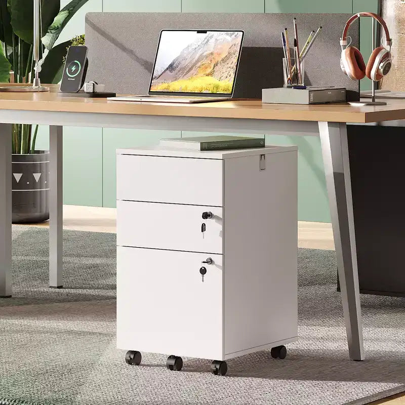 DEXYLLO 3-Drawer Rolling File Cabinet with Lock, Wood Under Desk Filing Cabinet for Home Office, Fits Letter/Legal/A4 Size