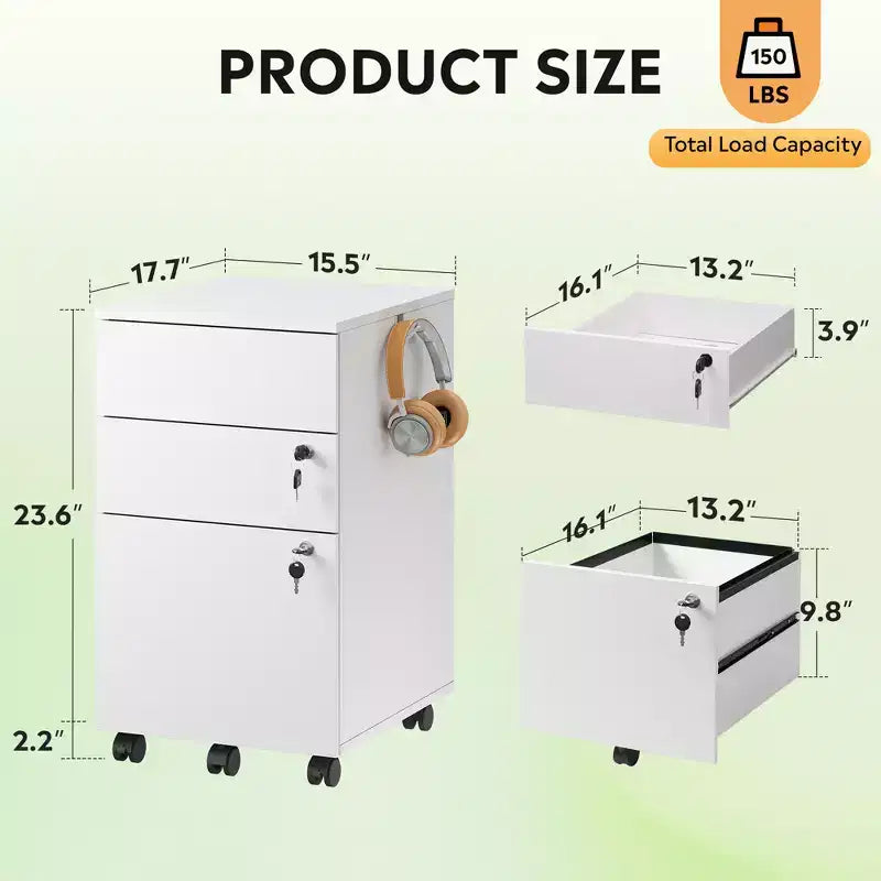 DEXYLLO 3-Drawer Rolling File Cabinet with Lock, Wood Under Desk Filing Cabinet for Home Office, Fits Letter/Legal/A4 Size