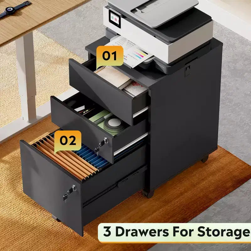 DEXYLLO 3-Drawer Rolling File Cabinet with Lock, Wood Under Desk Filing Cabinet for Home Office, Fits Letter/Legal/A4 Size