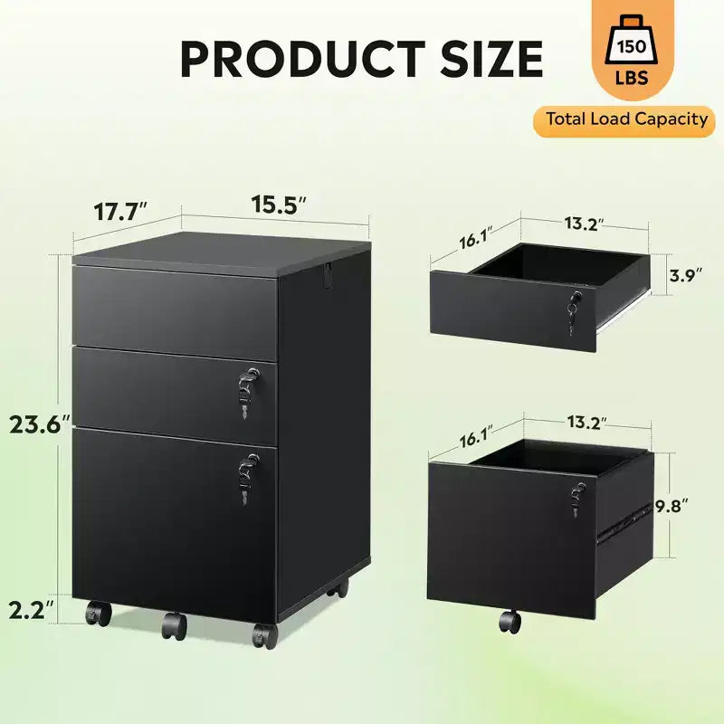 DEXYLLO 3-Drawer Rolling File Cabinet with Lock, Wood Under Desk Filing Cabinet for Home Office, Fits Letter/Legal/A4 Size