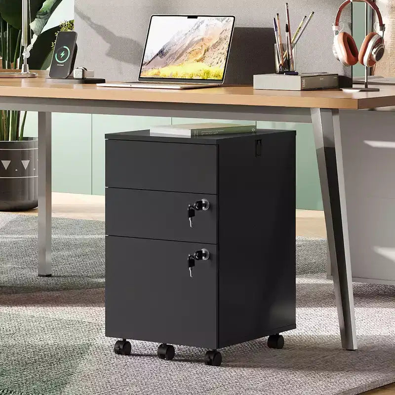 DEXYLLO 3-Drawer Rolling File Cabinet with Lock, Wood Under Desk Filing Cabinet for Home Office, Fits Letter/Legal/A4 Size