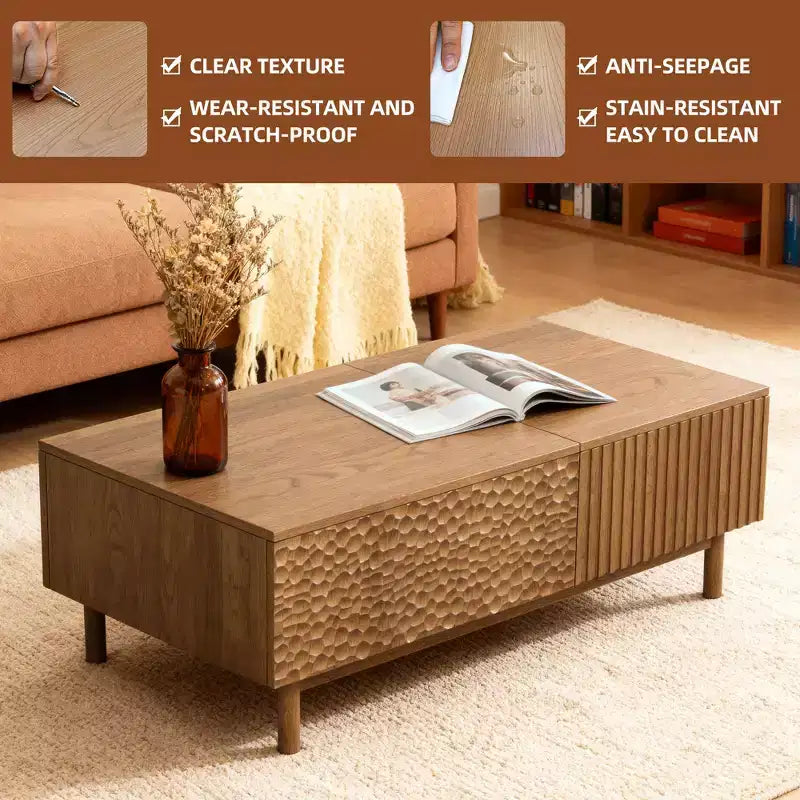 Modern Fluted Lift-Top Coffee Table with Hidden Storage & Artisan-Textured Drawers - Walnut Gaoyangjiaju
