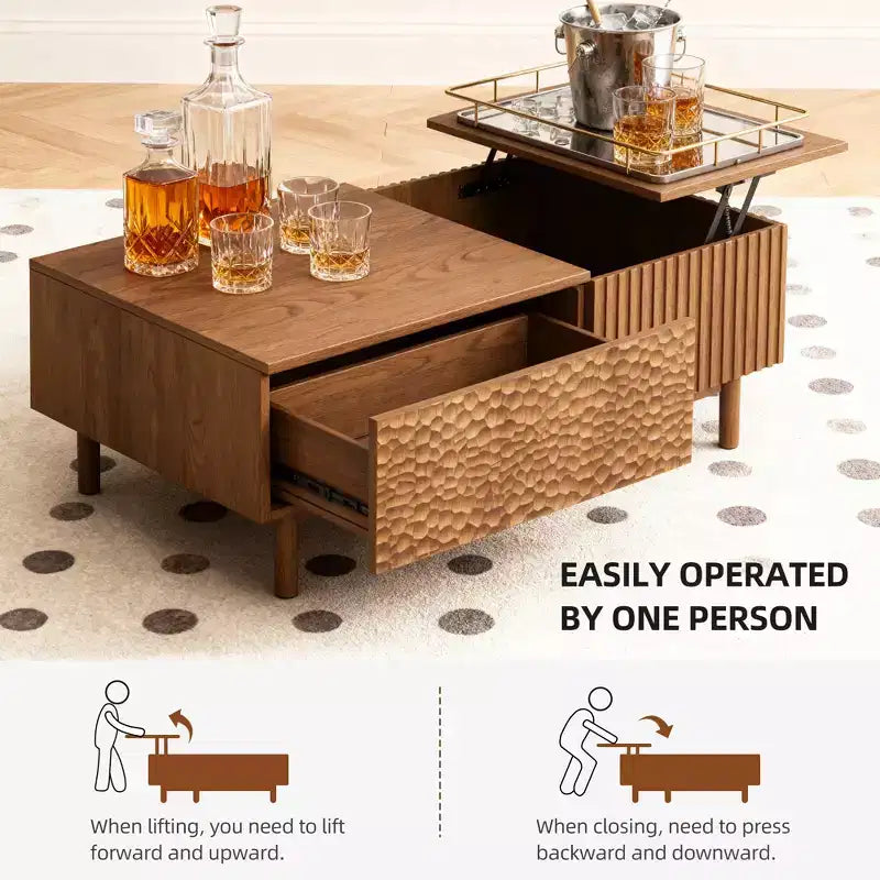 Modern Fluted Lift-Top Coffee Table with Hidden Storage & Artisan-Textured Drawers - Walnut Gaoyangjiaju