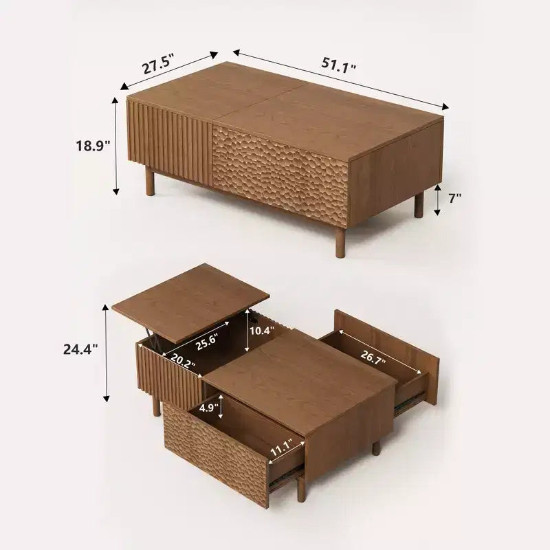 Modern Fluted Lift-Top Coffee Table with Hidden Storage & Artisan-Textured Drawers - Walnut Gaoyangjiaju