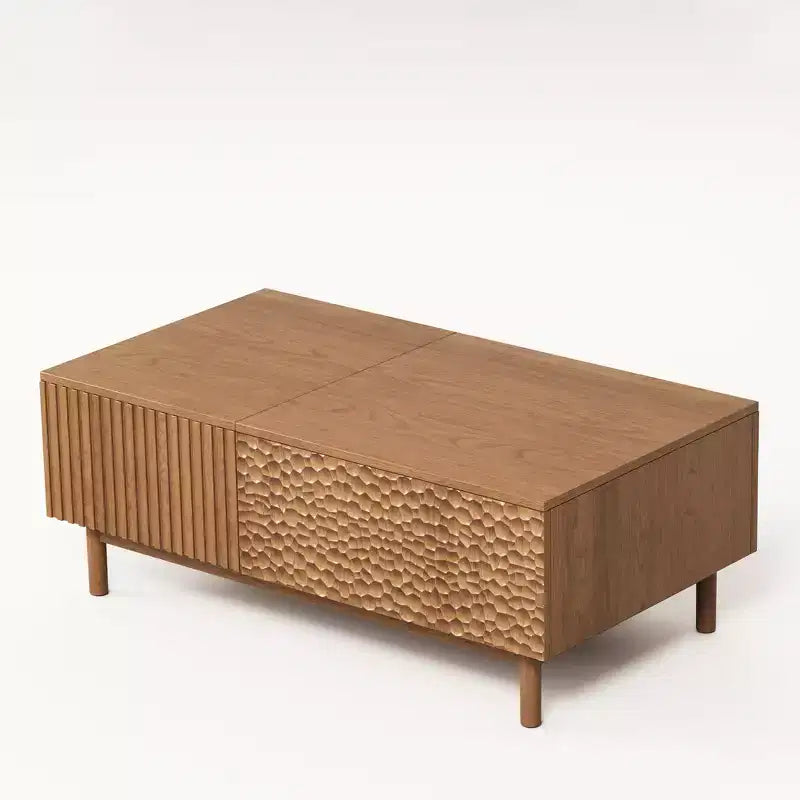 Modern Fluted Lift-Top Coffee Table with Hidden Storage & Artisan-Textured Drawers - Walnut Gaoyangjiaju