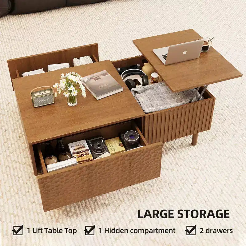 Modern Fluted Lift-Top Coffee Table with Hidden Storage & Artisan-Textured Drawers - Walnut Gaoyangjiaju