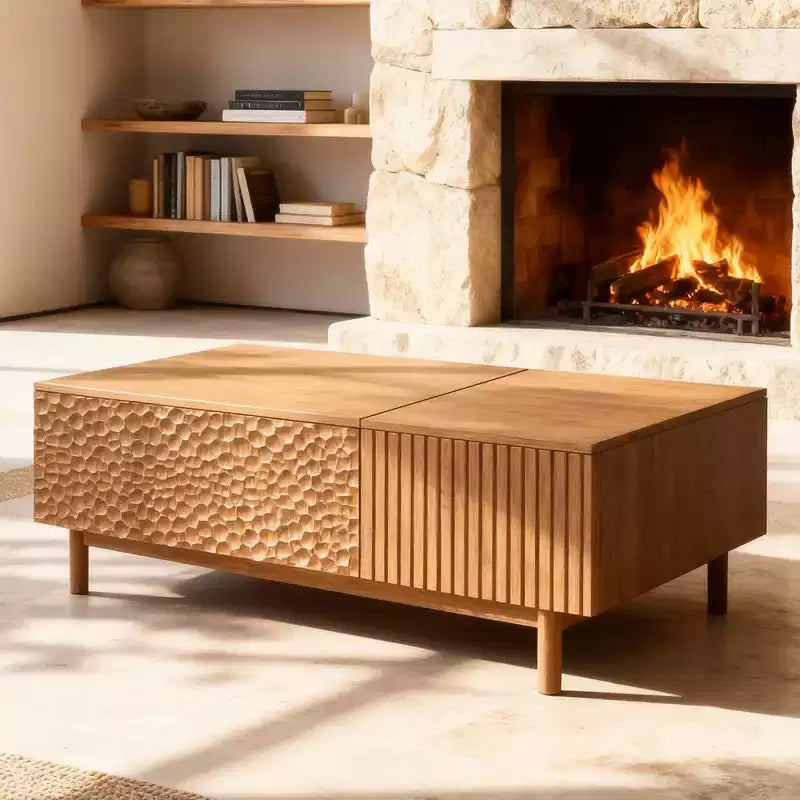 Modern Fluted Lift-Top Coffee Table with Hidden Storage & Artisan-Textured Drawers - Walnut Gaoyangjiaju