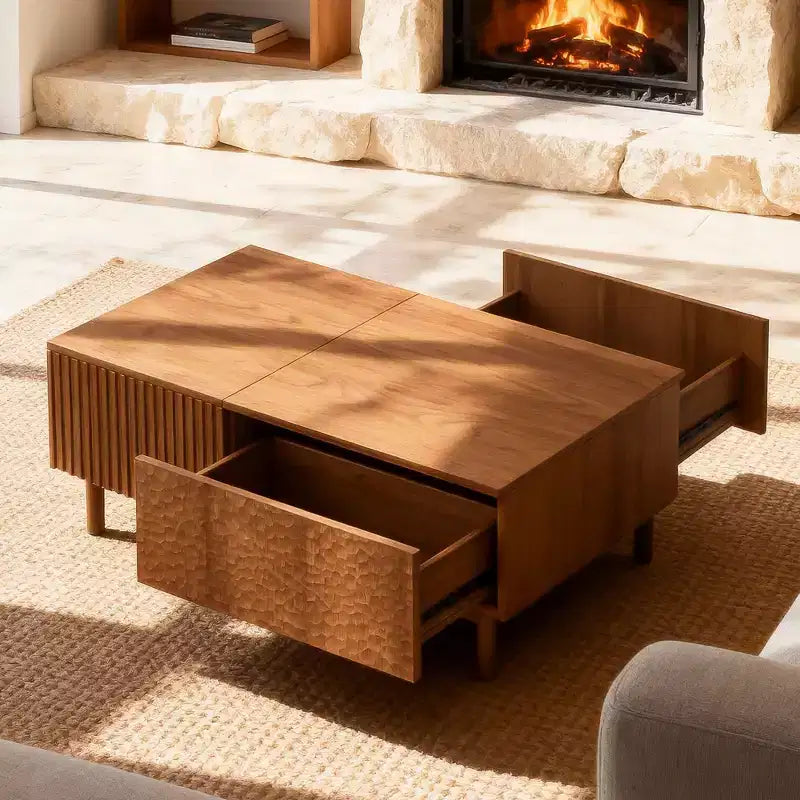 Modern Fluted Lift-Top Coffee Table with Hidden Storage & Artisan-Textured Drawers - Walnut Gaoyangjiaju